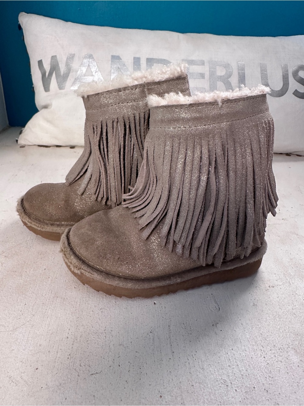 UGG Taupe Fringe Shearling Short Boots